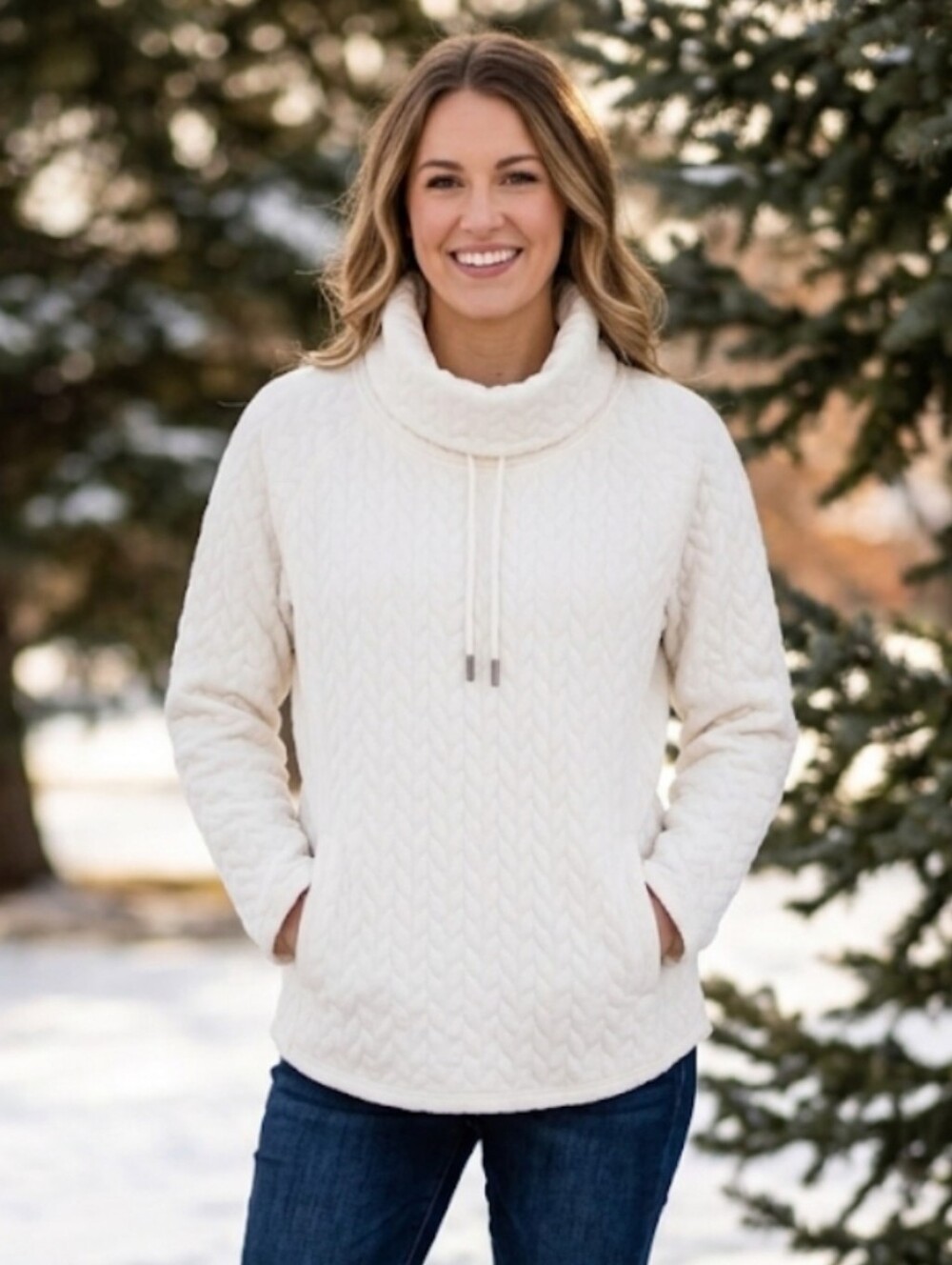 North River Cream Quilted Cowl Neck Pullover Sweater Women's Size M